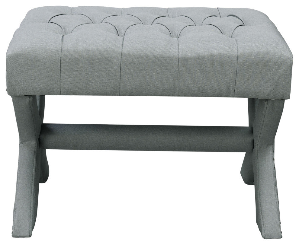 Paola Linen Button Tufted Silver Nailhead Trim X-Leg Ottoman, Light Gray