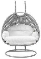 LeisureMod Mendoza Light Gray Wicker Hanging Double Egg Swing Chair, White