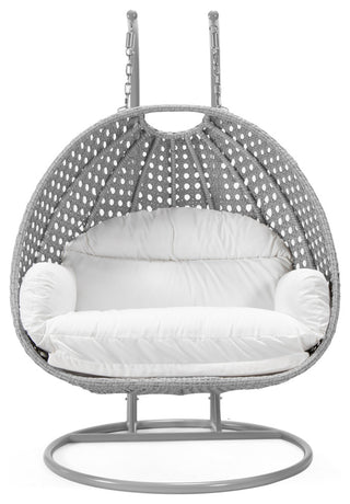 LeisureMod Mendoza Light Gray Wicker Hanging Double Egg Swing Chair, White
