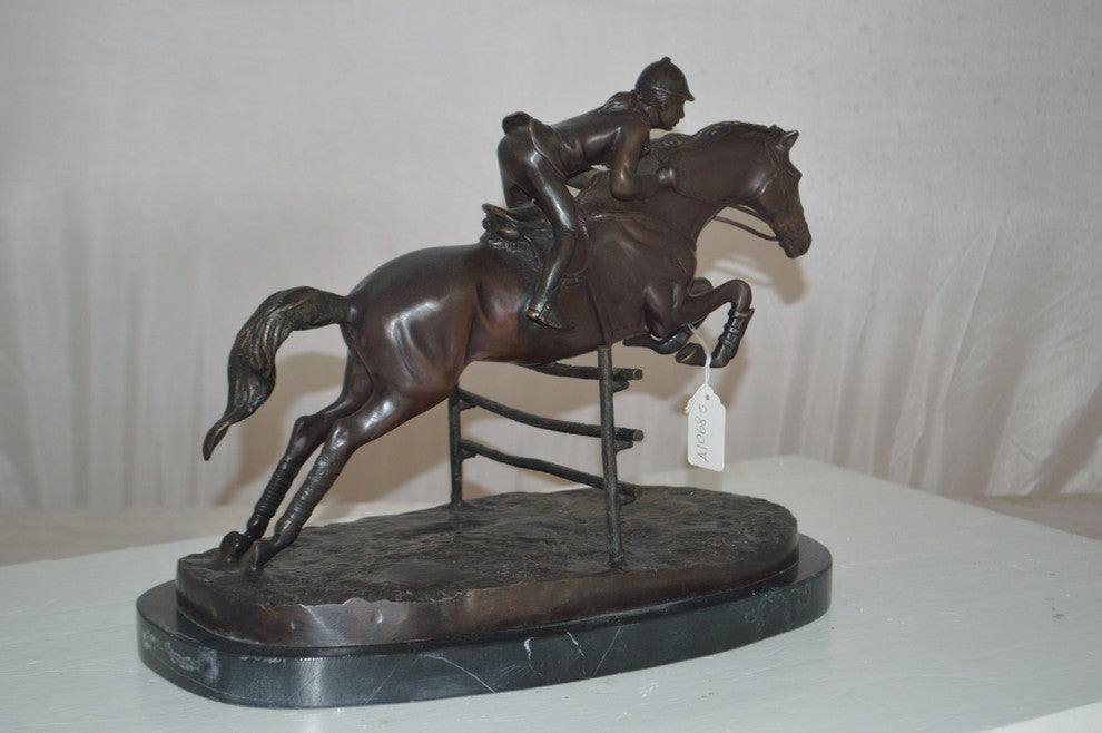 Jockey With Horse Jumping Over Hurdle Bronze Statue -  Size: 14"L x 9"W x 13"H