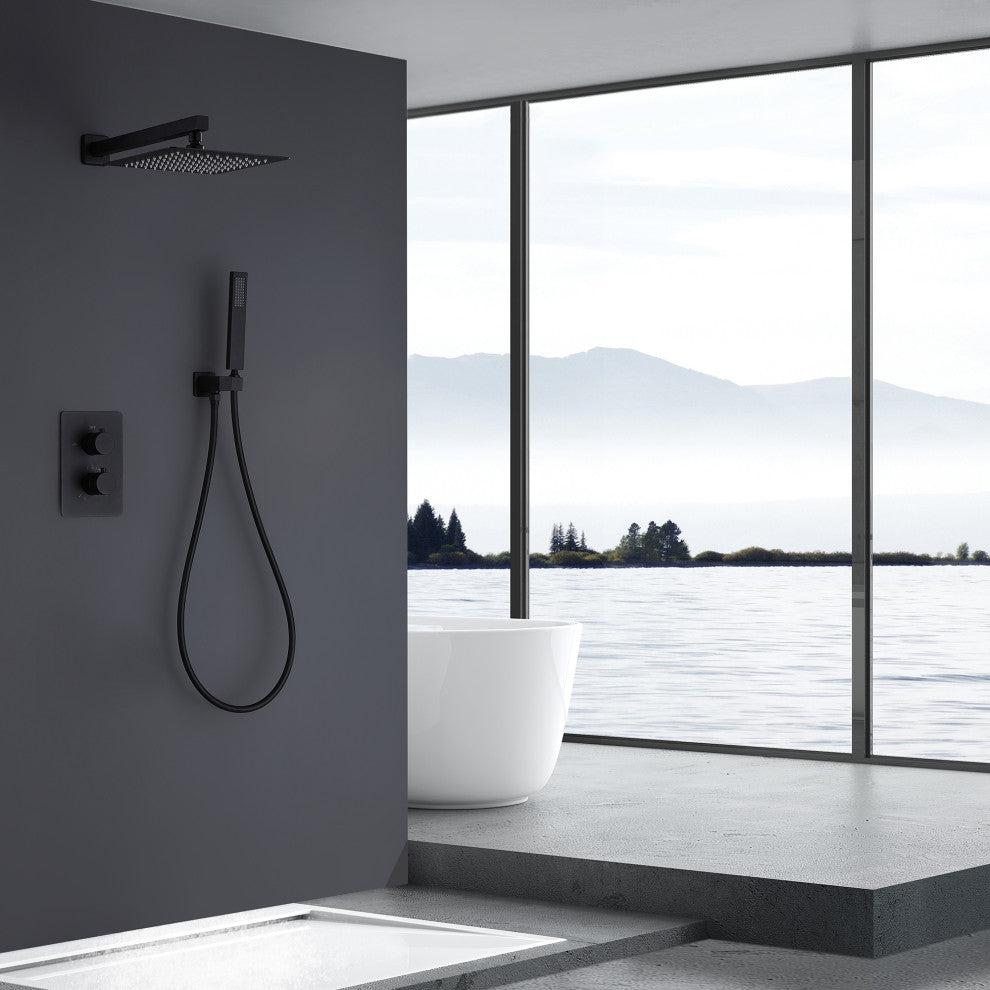 Thermostatic Rain Shower System with Hand Shower and Rough-in Valve, Matte Black