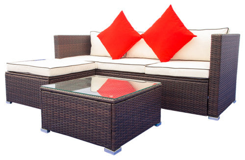 3 Piece Pation Wicket Set Outdoor Furniture Rattan Sofa Set With Cream Finish