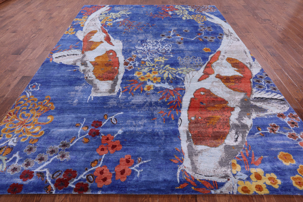 8' 10" X 11' 11" Silk Fish Design Handmade Rug Q11599