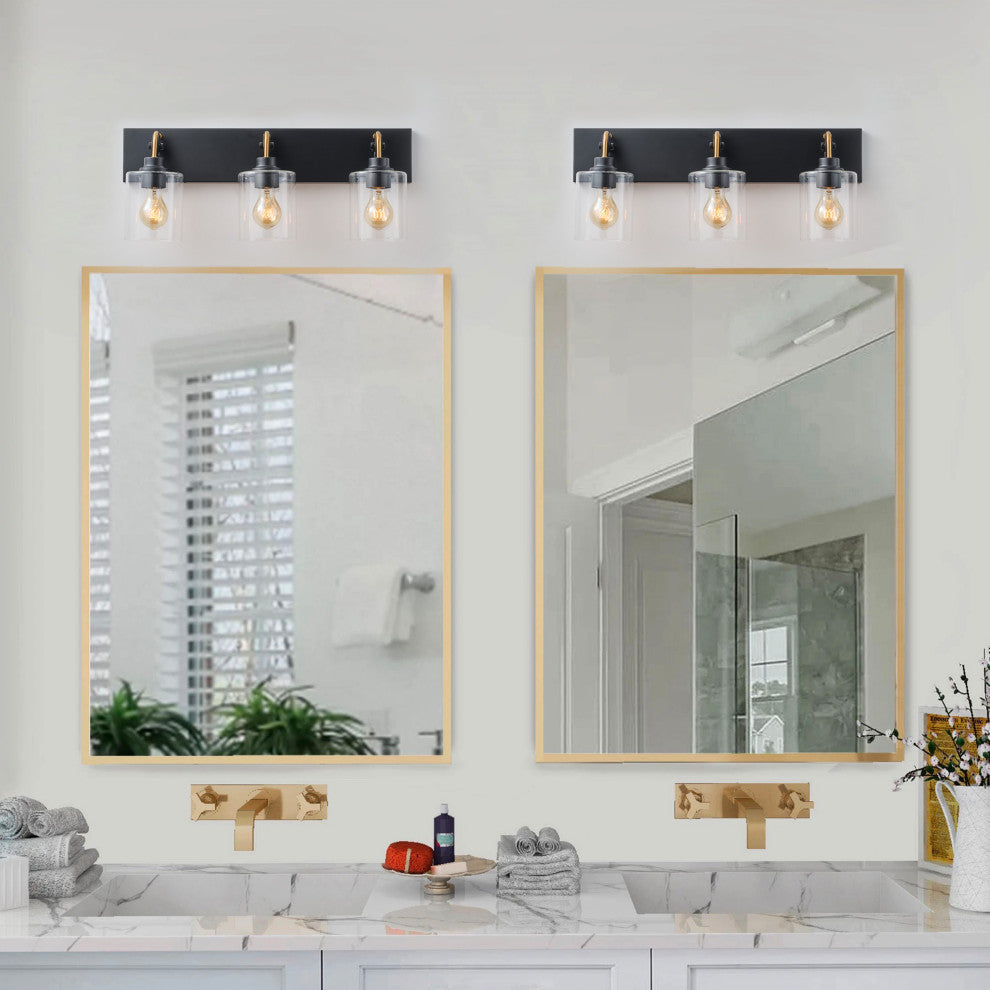 Matte Black 3-Light Cylinder Clear Glass Vanity Light for Bathroom