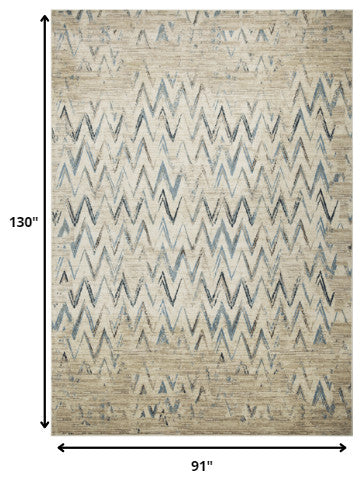 8"x11" Beige Blue Distressed Chevron Area Rug