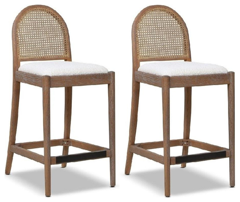 Panama 26.5" Curved Back Cane Rattan Counter Stool Set of 2 Ivory White Boucle