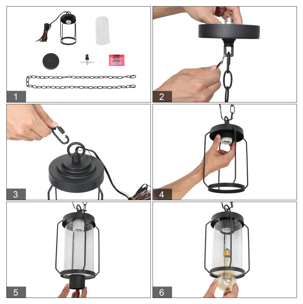 Modern Black Outdoor Pendant Lights Farmhouse Lantern with Clear Shade