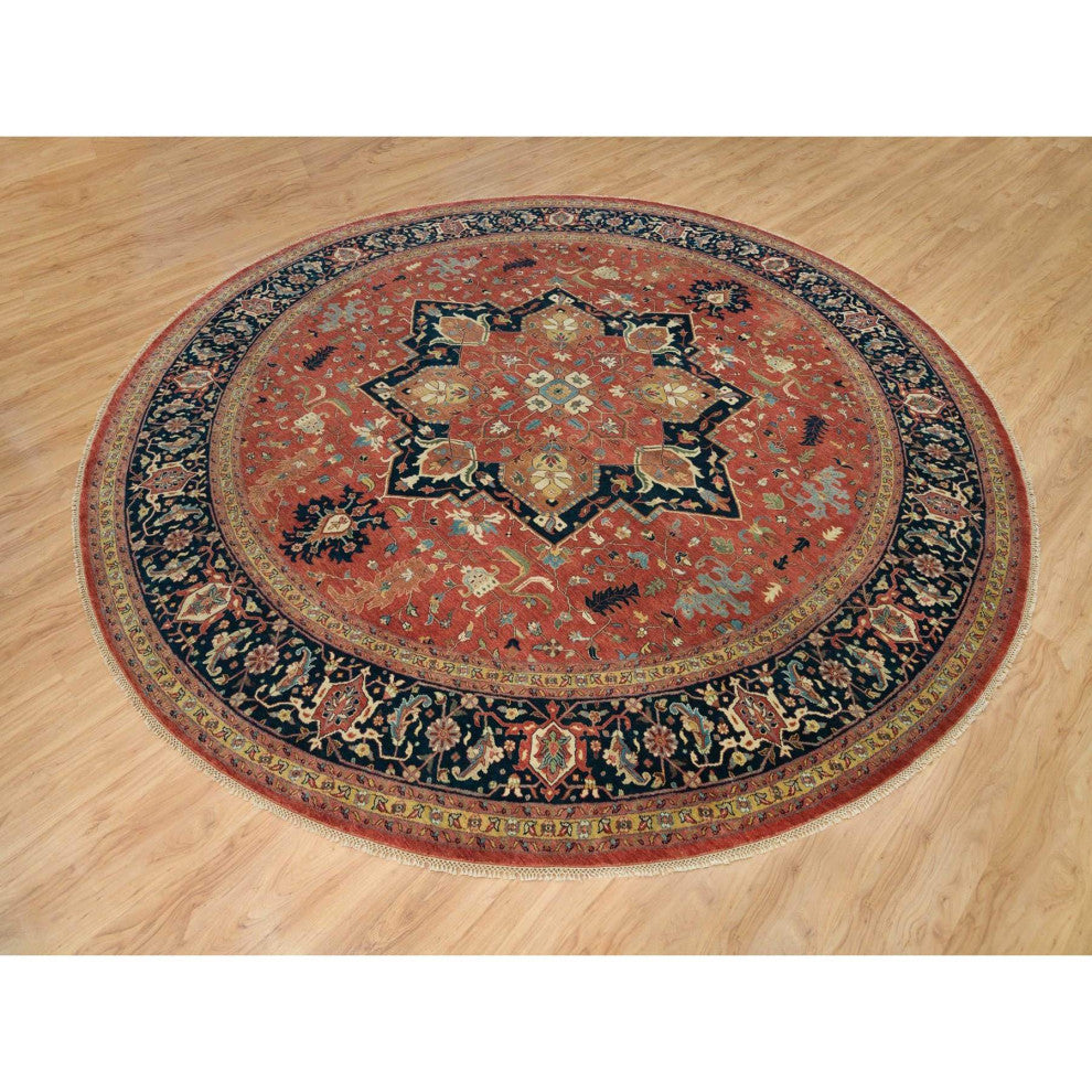 Red Hand Knotted Antiqued Fine Heris Re-Creation Wool Round Rug 11'10"x11'10"