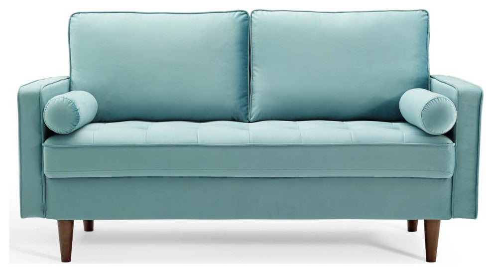 Loveseat Sofa, Velvet, Blue, Modern, Living Lounge Room Hotel Lobby Hospitality