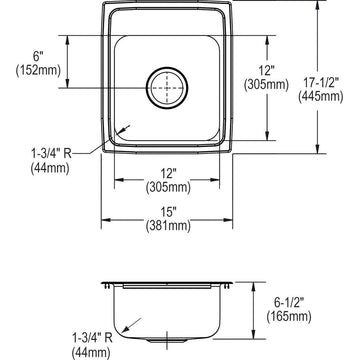 Elkay LRAD151765 Lustertone 15" Drop In Single Basin Stainless - 3 Faucet Holes