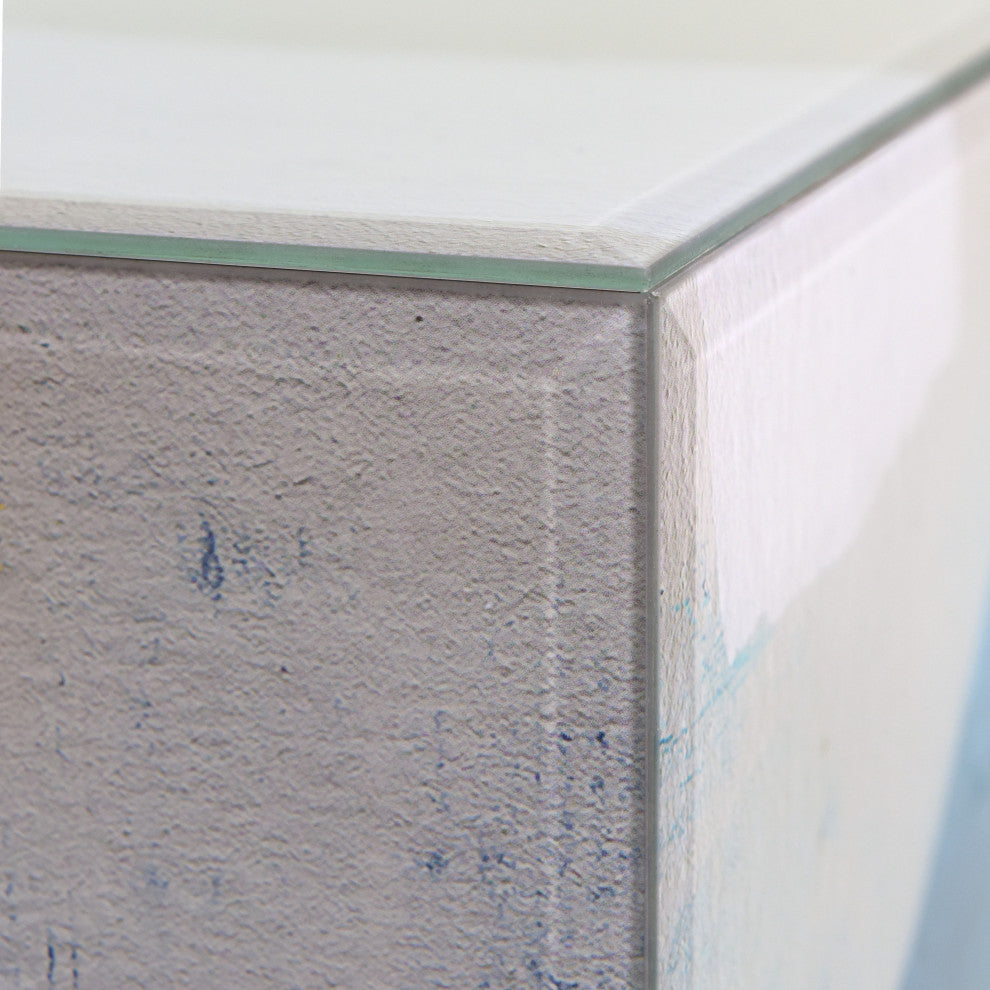 "Puzzle Blues" Reverse Printed Glass Side Table with Black Plinth Base Set of 2