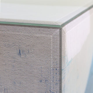 "Puzzle Blues" Reverse Printed Glass Side Table with Black Plinth Base Set of 2