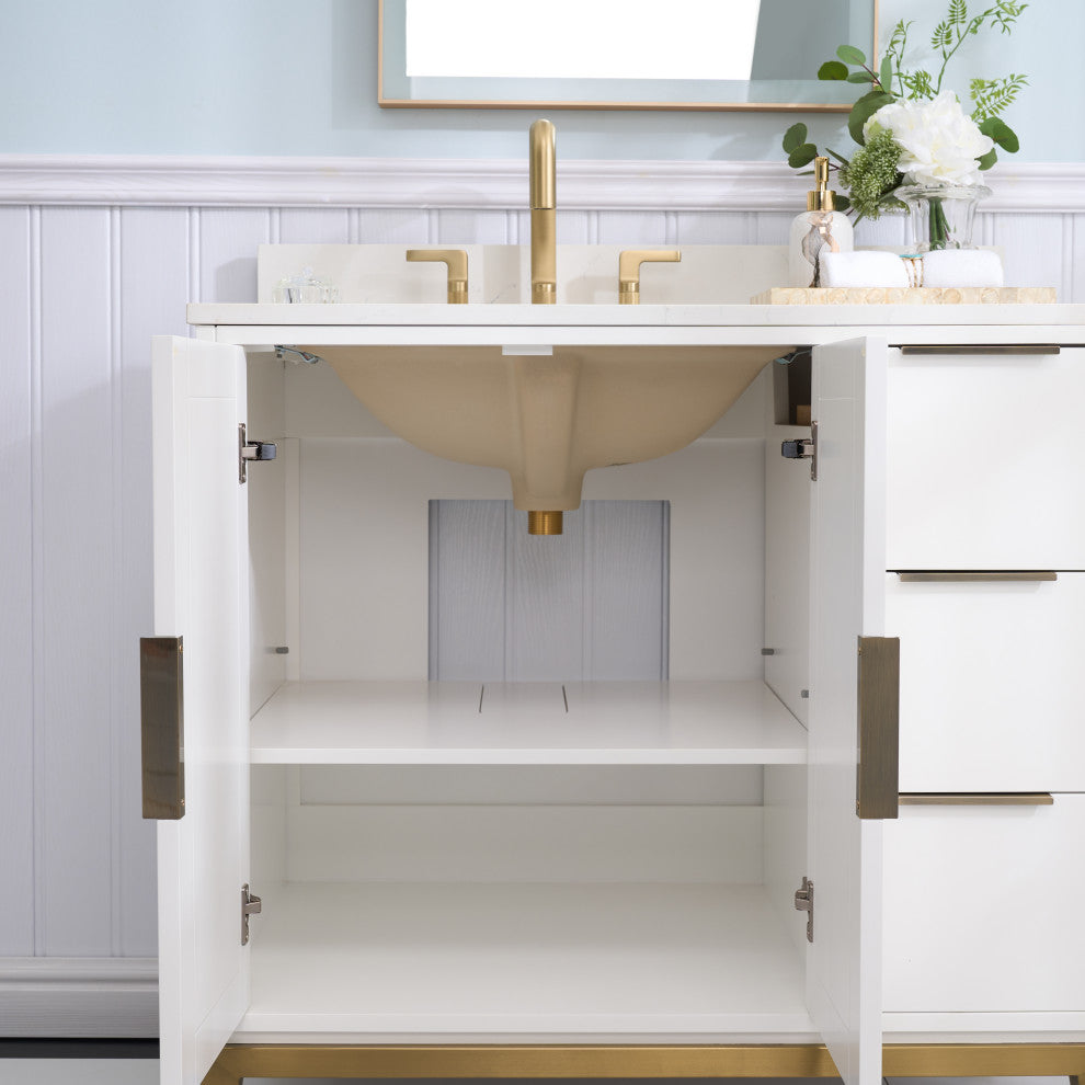 Alison Freestanding Bathroom Vanity with Italian Carrara White Marble Top, White, 36"