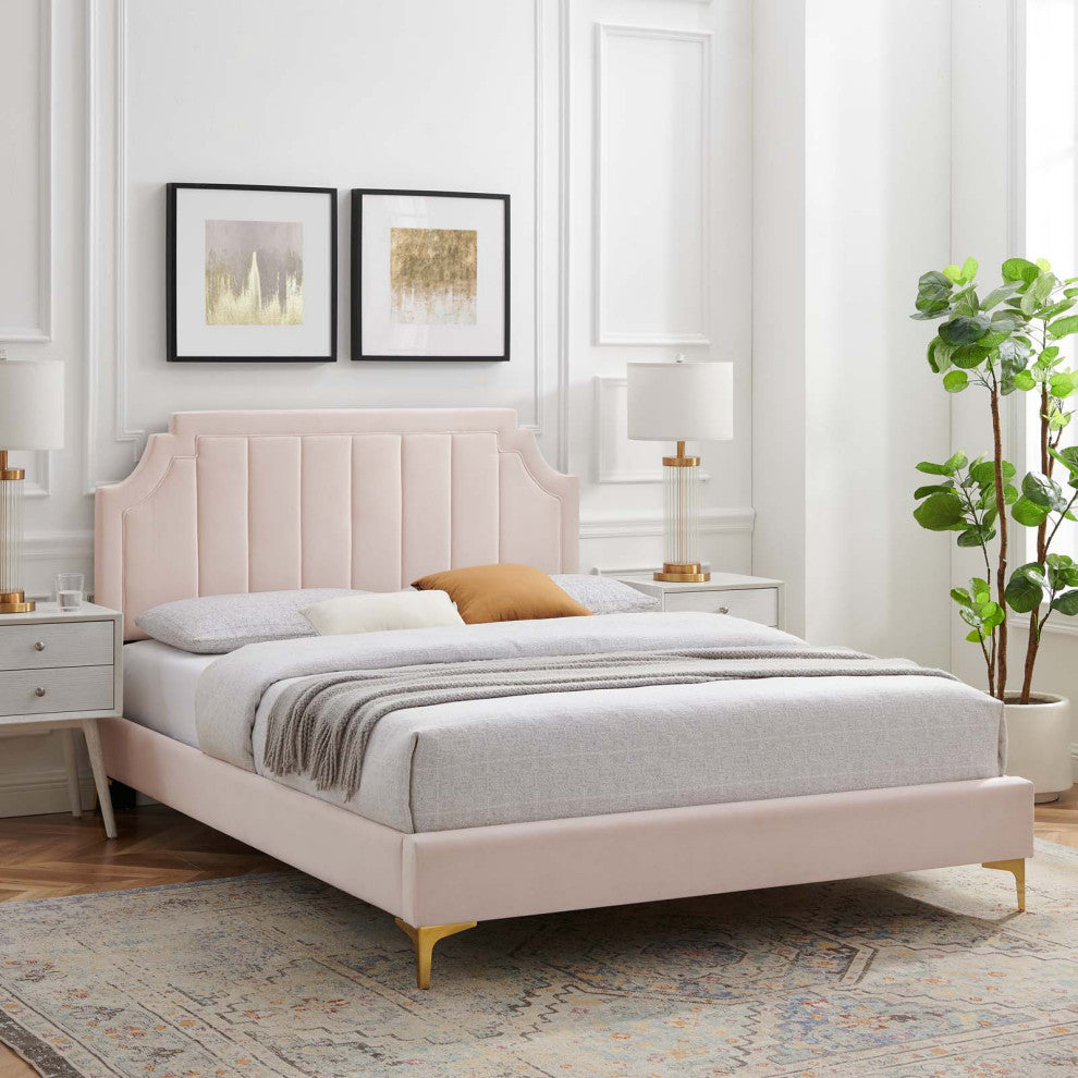 Platform Bed Frame, King Size, Velvet, Pink, Modern Contemporary, Bedroom Master