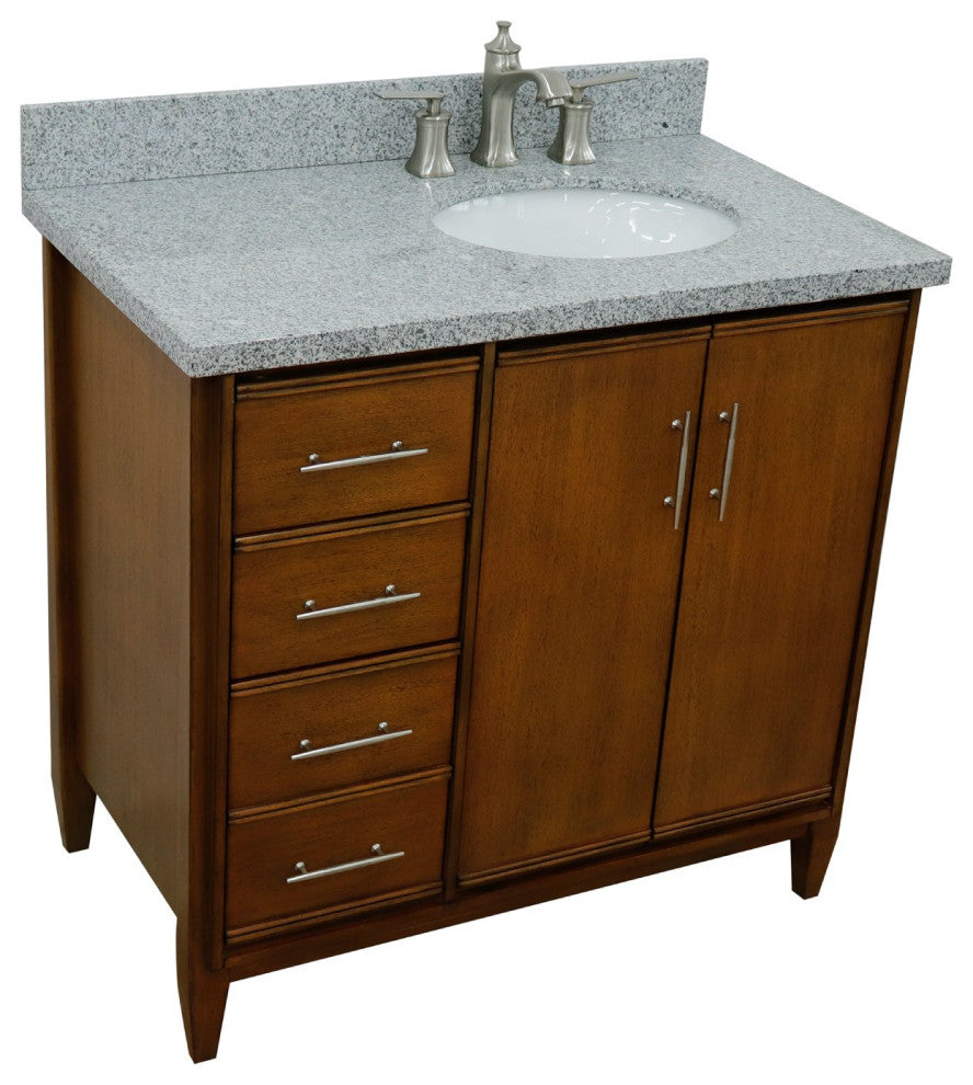 37" Single Vanity, Walnut Finish With Gray Granite
