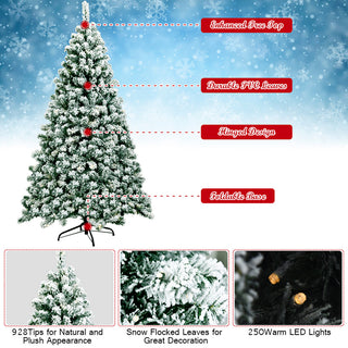 6Ft Pre-Lit Premium Snow Flocked Hinged Artificial Christmas Tree w/ 250 Lights