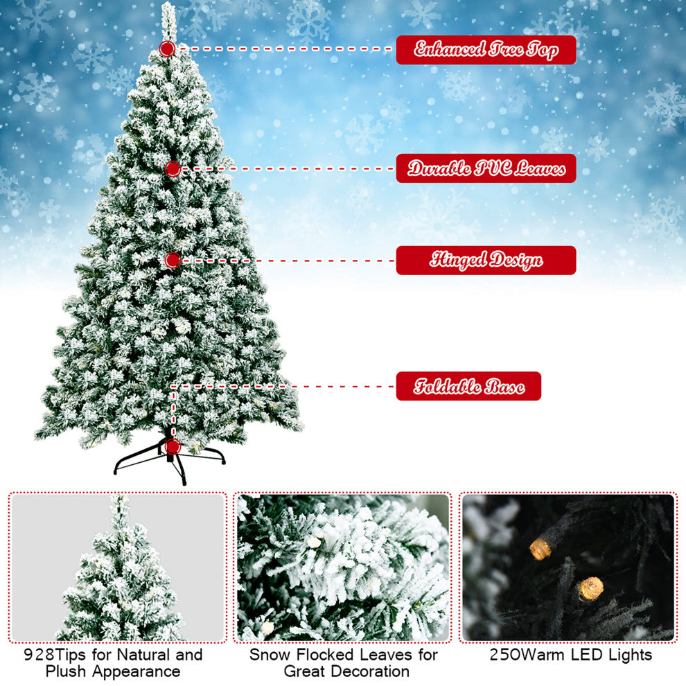 6Ft Pre-Lit Premium Snow Flocked Hinged Artificial Christmas Tree w/ 250 Lights