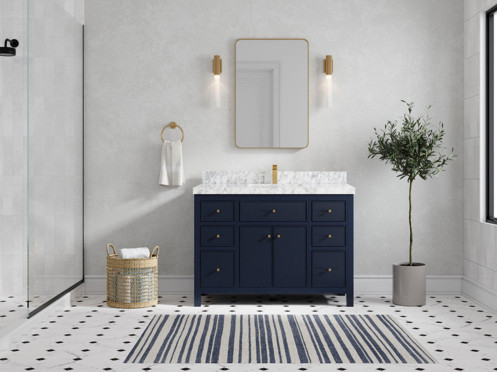 Sonoma 48 Single Sink Reeded Bath Vanity in Hale Navy Blue 2" Carrara Marble