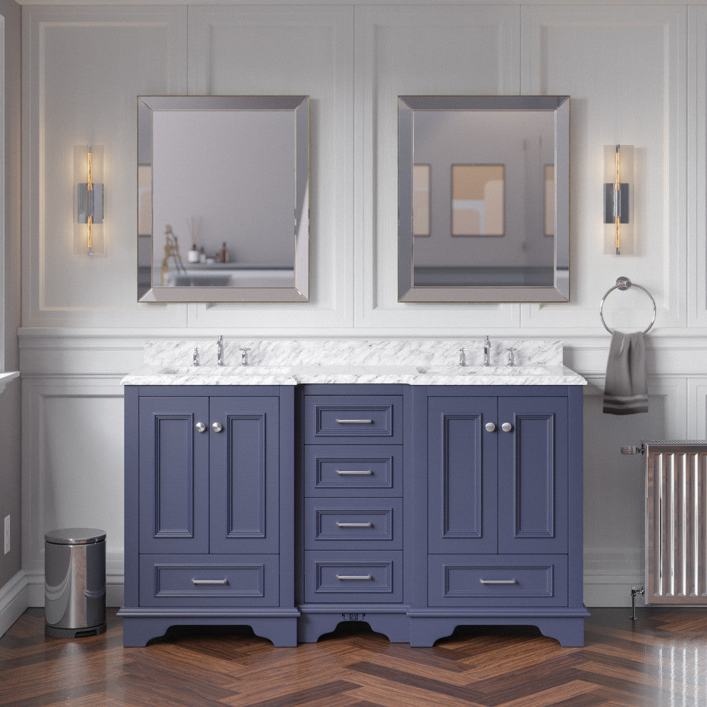 Nantucket 60" Bath Vanity, Marine Gray, Carrara Marble, Double Vanity