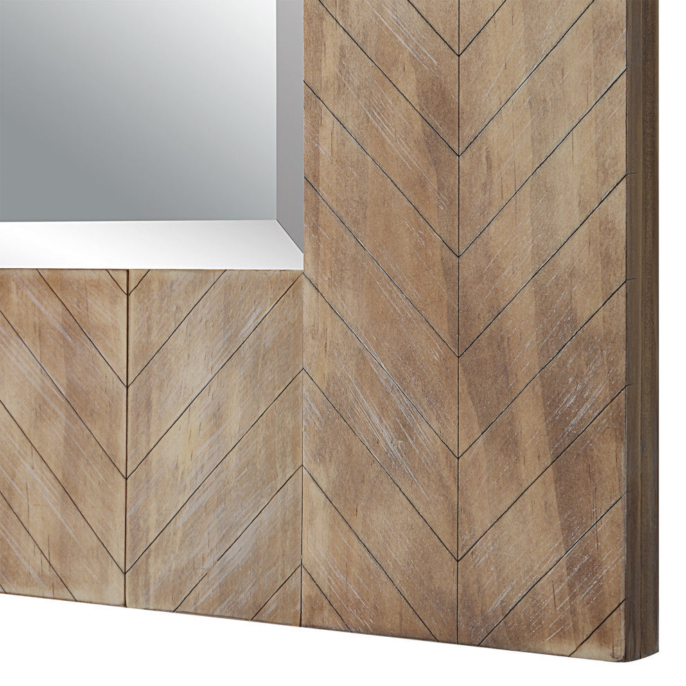 39 Inch Wood Frame Wall Mirror, Chevron Design, Brown