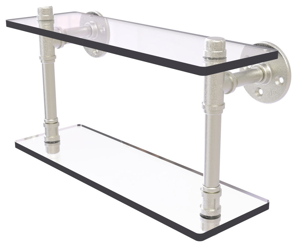Pipeline Double Glass Shelf, Satin Nickel, 16"