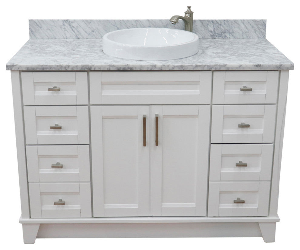 49" Single Sink Vanity, White Finish With White Carrara Marble And Round Sink