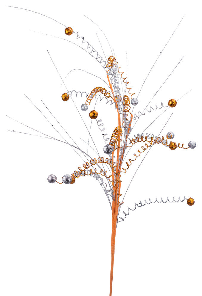 32" Orange And Silver Glitter Pick Spray With Orange And Silver Ball Accents