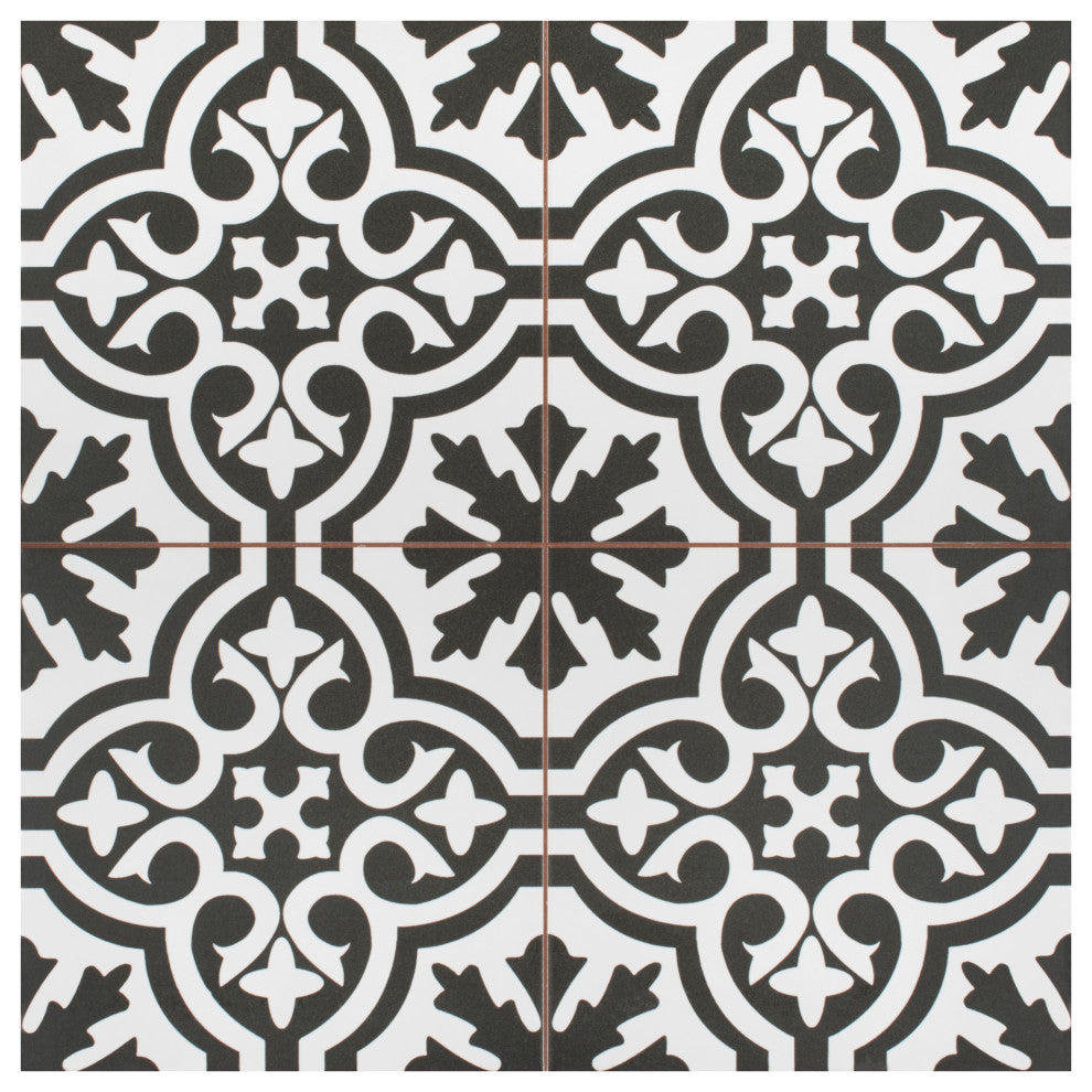 Berkeley Encaustic Ceramic Floor and Wall Tile, Black