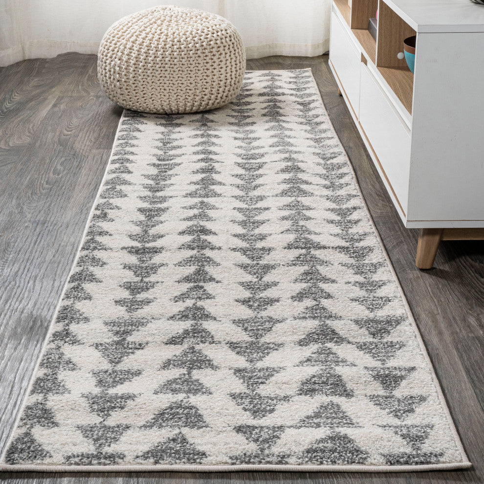 Aisha Moroccan Triangle Geometric Area Rug, Cream/Gray, 2'x8'