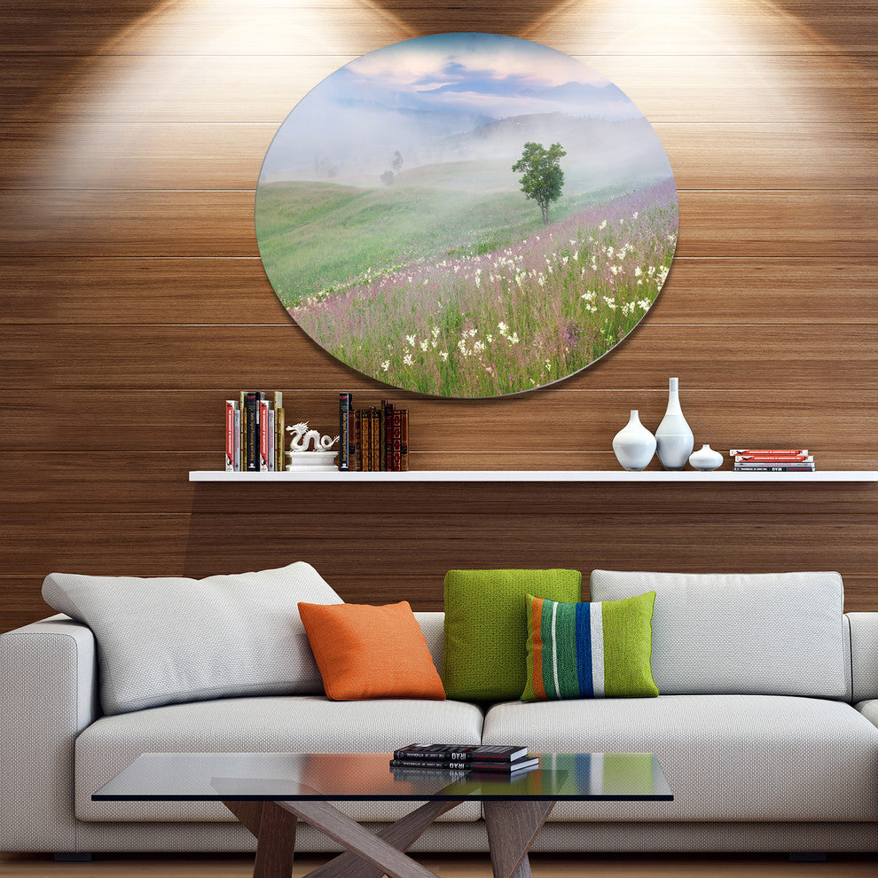 Foggy Summer Morning In Mountains, Landscape Art Round Wall Art, 23"