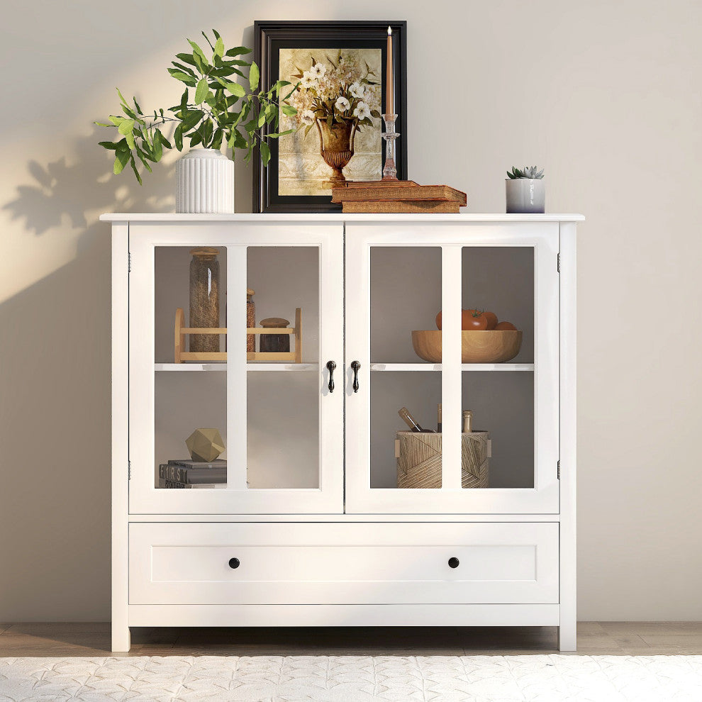 Wood Double Glass Door Accent Cabinet with Drawer