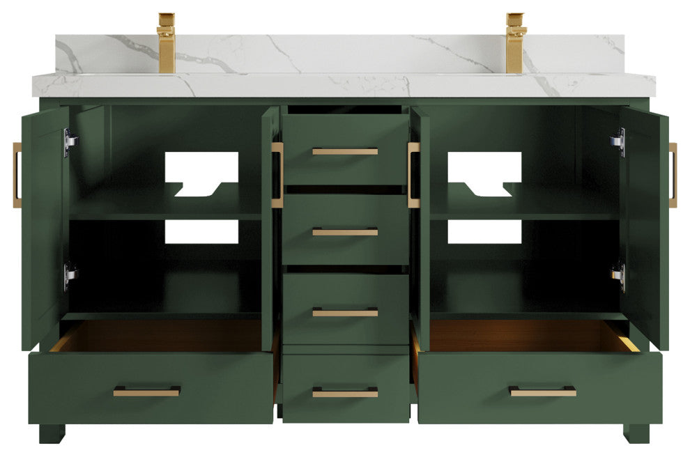 Willow Collections Malibu Vanity, Green, Calacatta Quartz, 60" Double