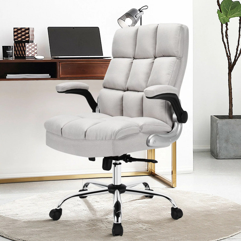 Modern Office Chair, Extra Padded Square Tufted Seat With Flip Up Arms, Beige