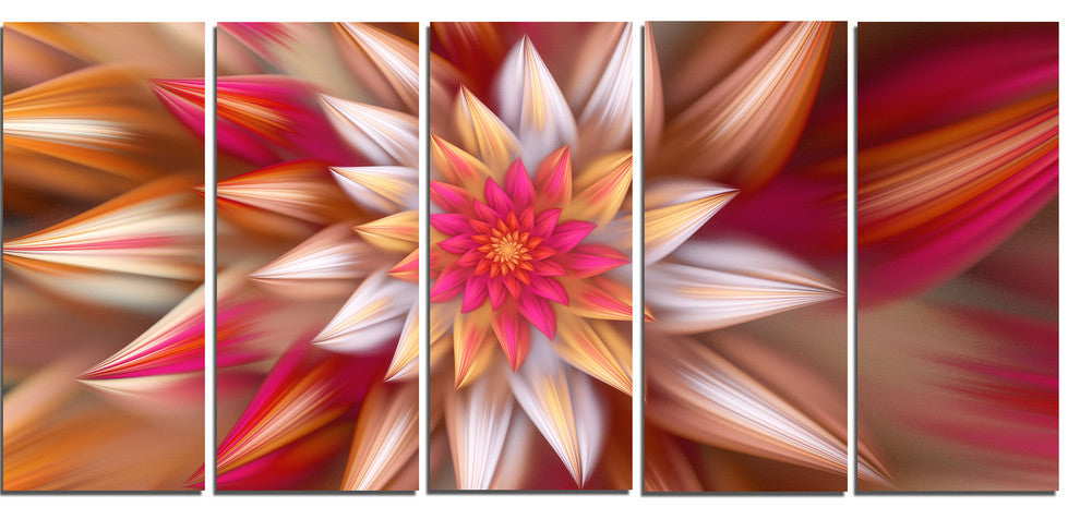 Huge Red Fractal Flower, Floral Canvas Art Print, 60"x28", 5 Panels