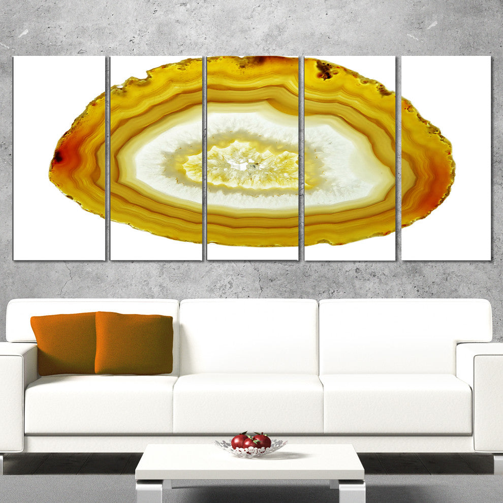 Yellow Agate with Geological Crystal, Abstract Canvas Artwork, 60"x28", 5 Panels