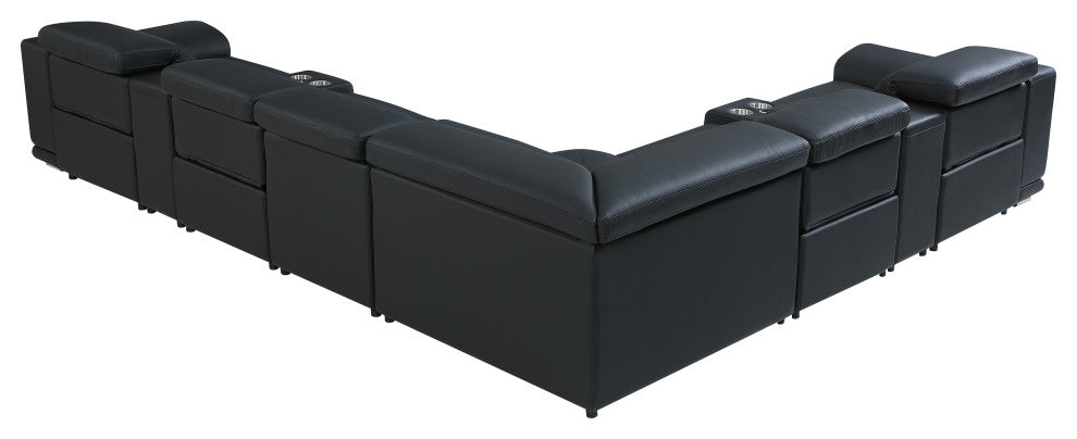 Federico 8-Piece L-Shaped Top Grain Italian Leather Sectional-4 Power Recliners, Black