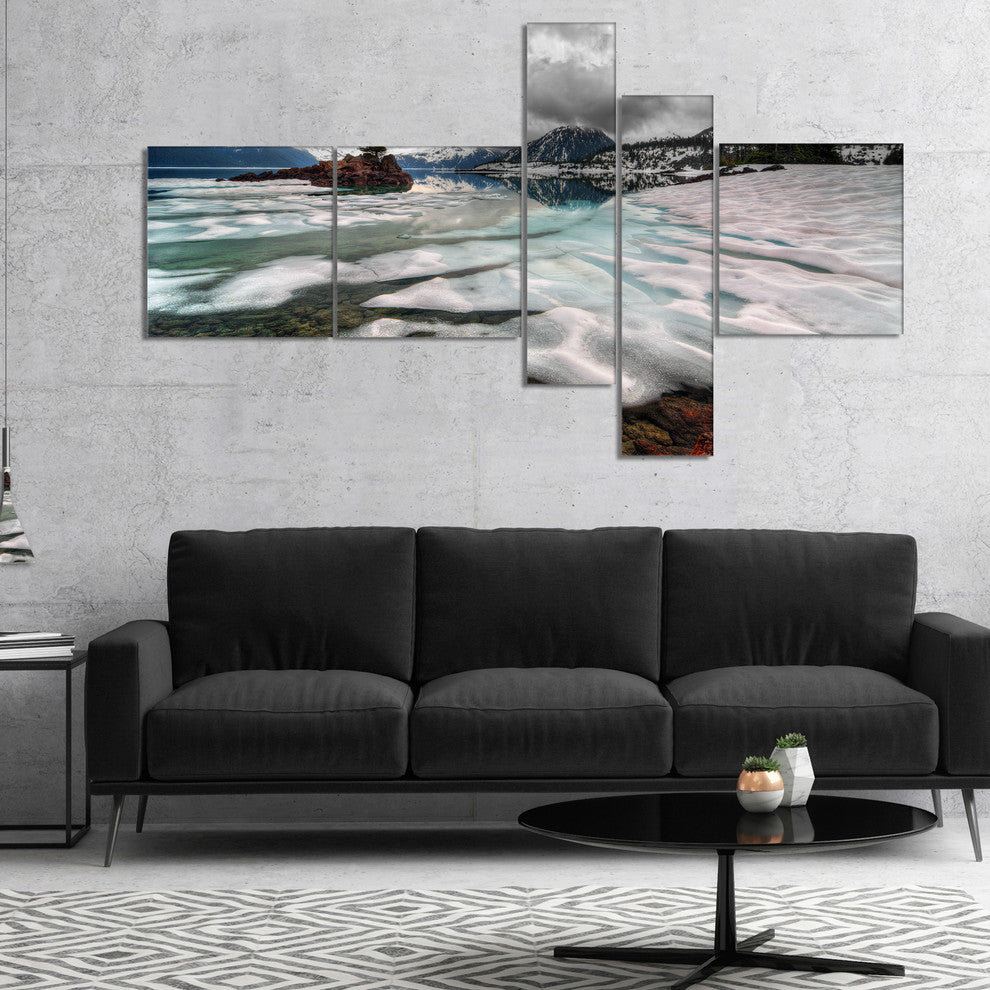 Frozen Mountain Lake Shore, Large Landscape Canvas Art, 60"x32", 5 panels
