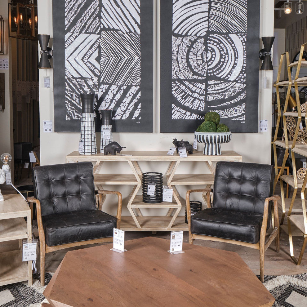 Phineas Black Leather With Brown Wooden Frame Accent Chair