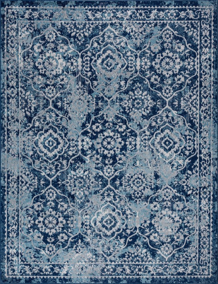 Tiera Transitional Damask Blue & Cream Rectangle Area Rug, 8'x10'