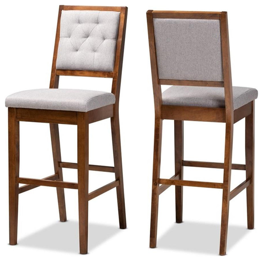 Gray Fabric Upholstered & Walnut Brown Finished Wood 2-Piece Bar Stool Set