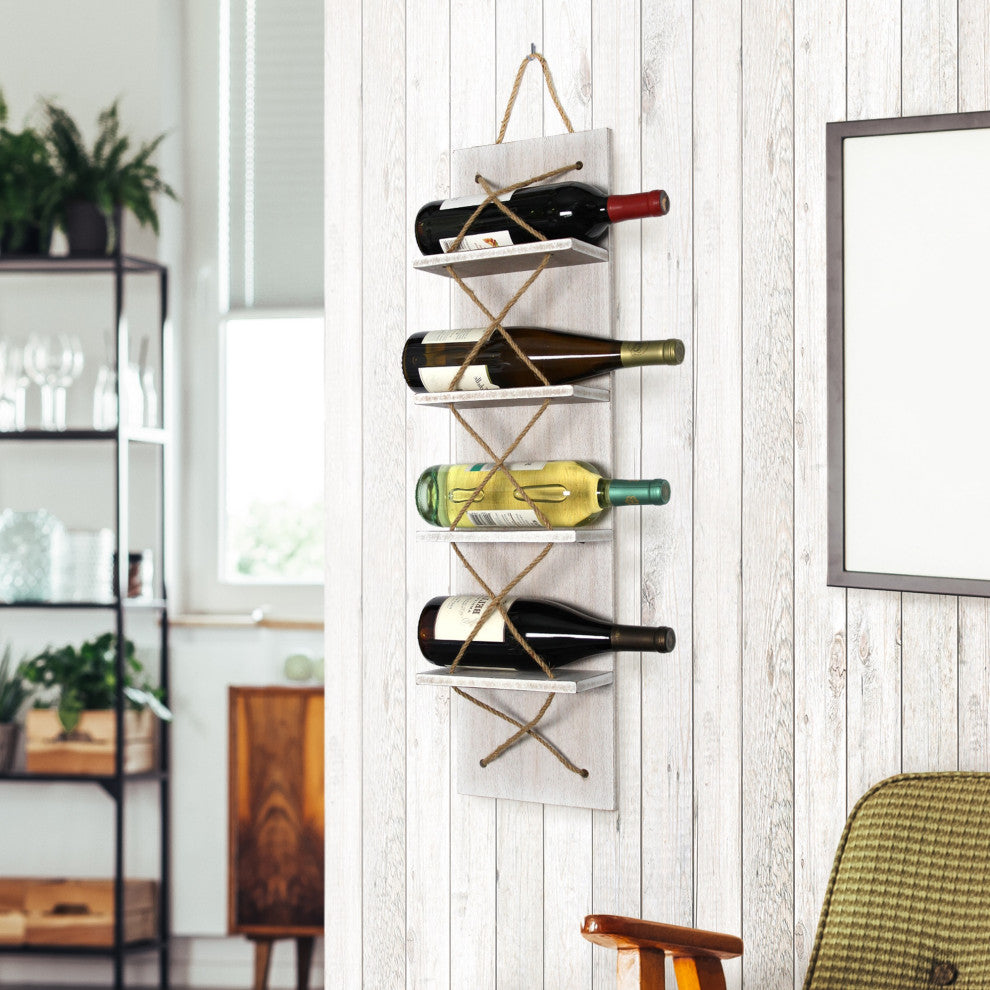 Positano Nautical Rope 4 Bottle Vertical Wall Mounted Wood Wine Rack, White Wash