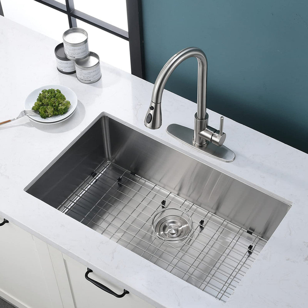 27" x 18" Stainless Steel Undermount Kitchen Sink with Grid and Strainer