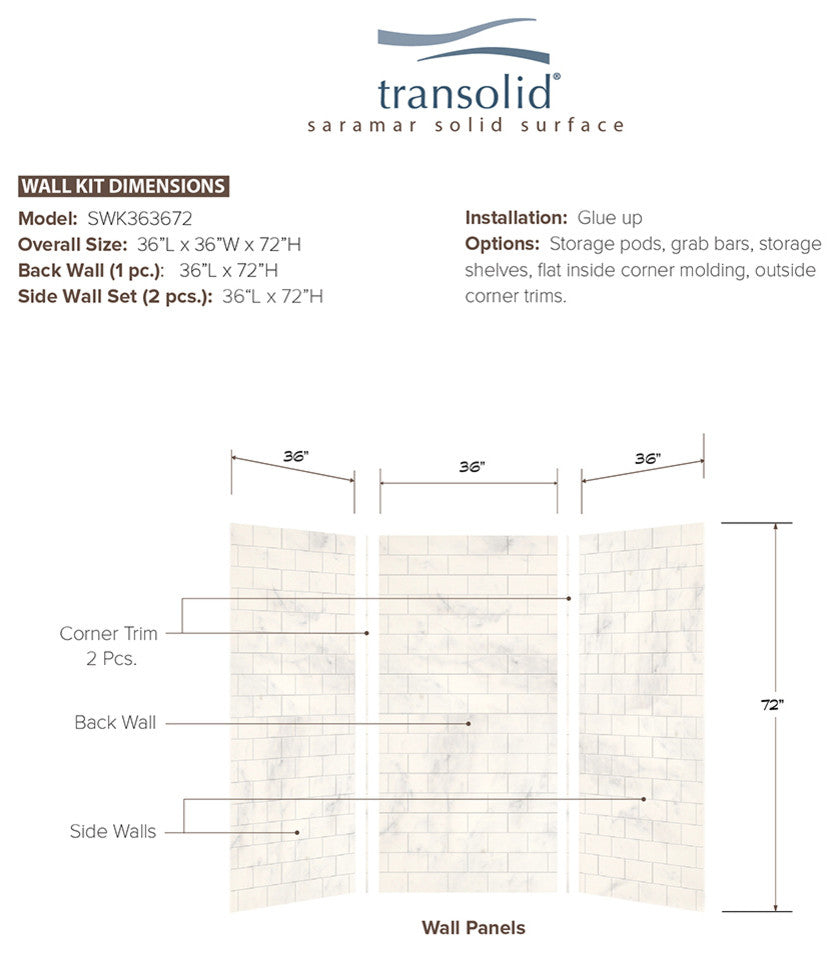 Transolid SaraMar 36"x36"x72" Glue to Wall 3-Piece Shower Wall Kit, White Venito
