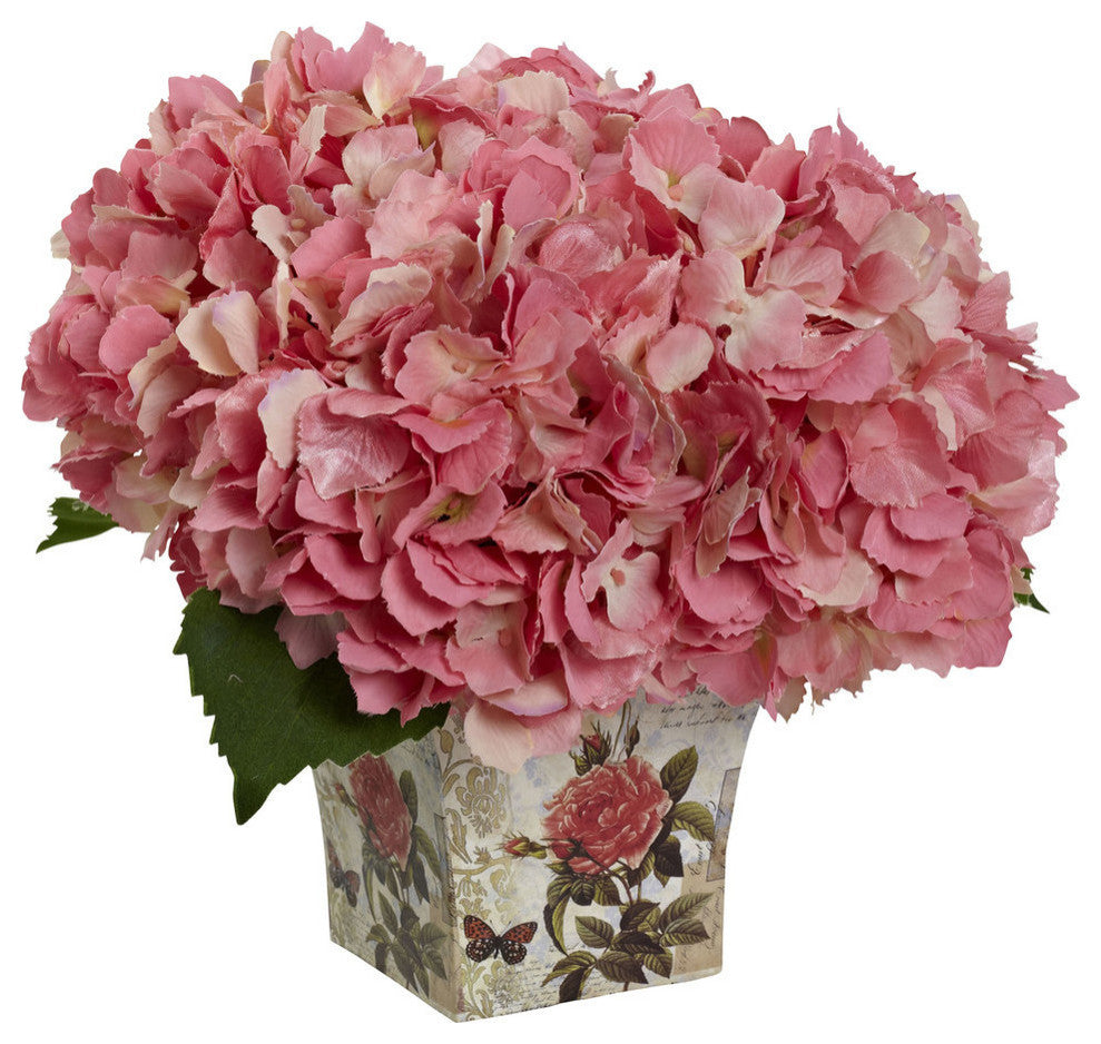 Hydrangea Silk Arrangement With Floral Planter, Pink