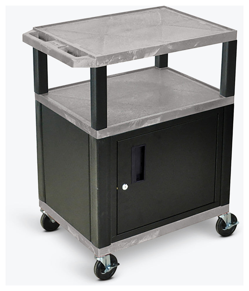 Luxor Tuffy Gray 3-Shelf AV Cart With Black Legs, Cabinet and Electric