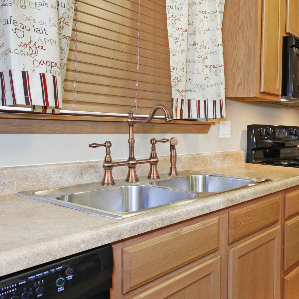 Two-Handles Copper Bridge Kitchen Faucet with Side Sprayer, Antique Copper