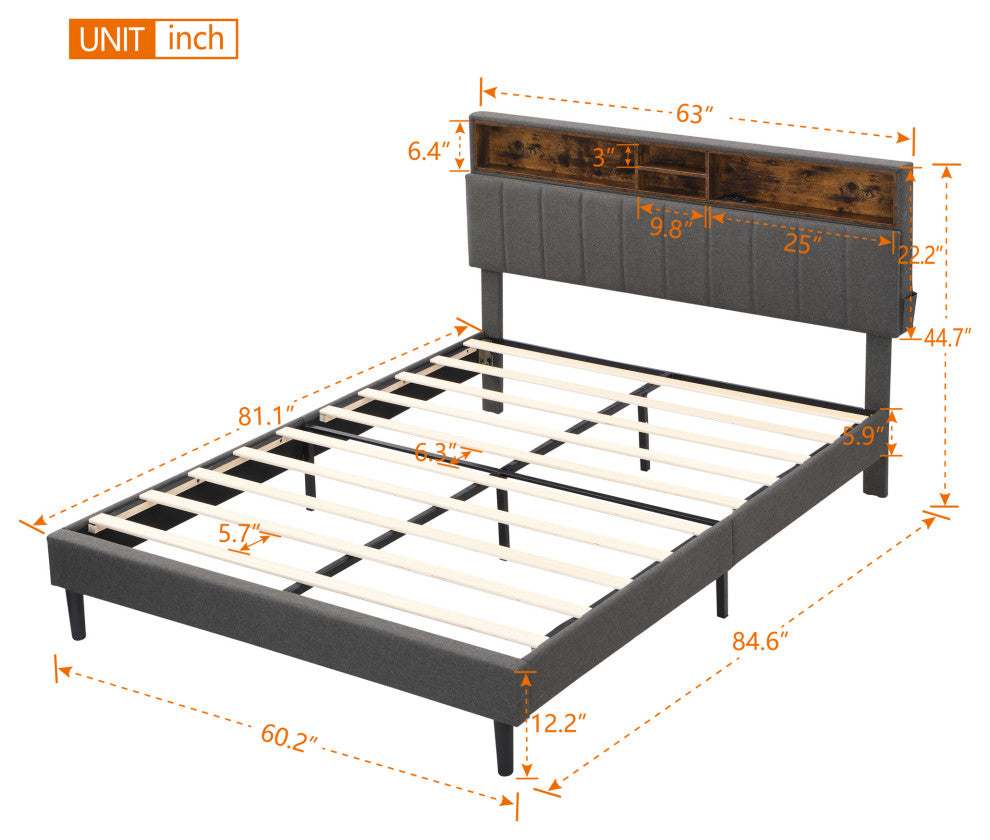 TATEUS Upholstered Platform Bed With Storage Headboard and USB Port, Gray, Queen