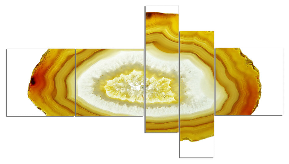 Yellow Agate with Geological Crystal, Abstract Canvas Artwork, 60"x32", 5 panels