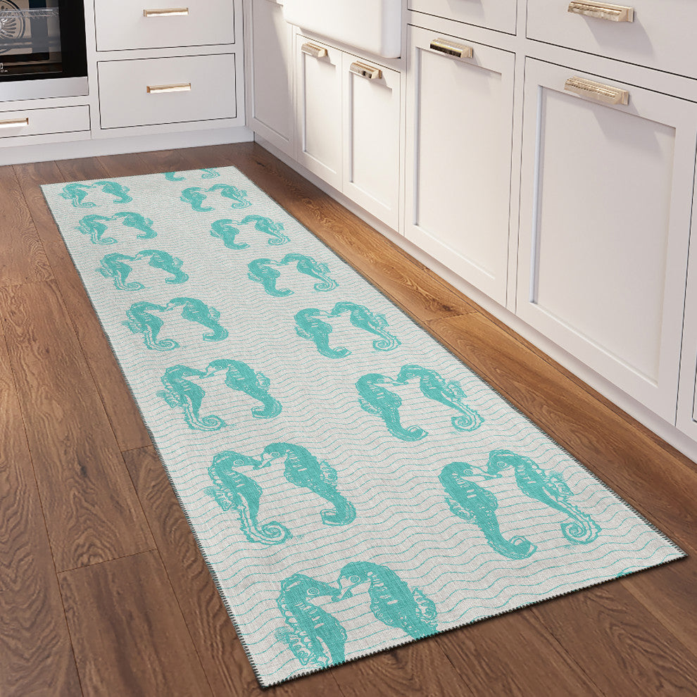 Indoor/Outdoor Seabreeze SZ15 Teal Machine Washable 2'3" x 7'6" Runner Rug