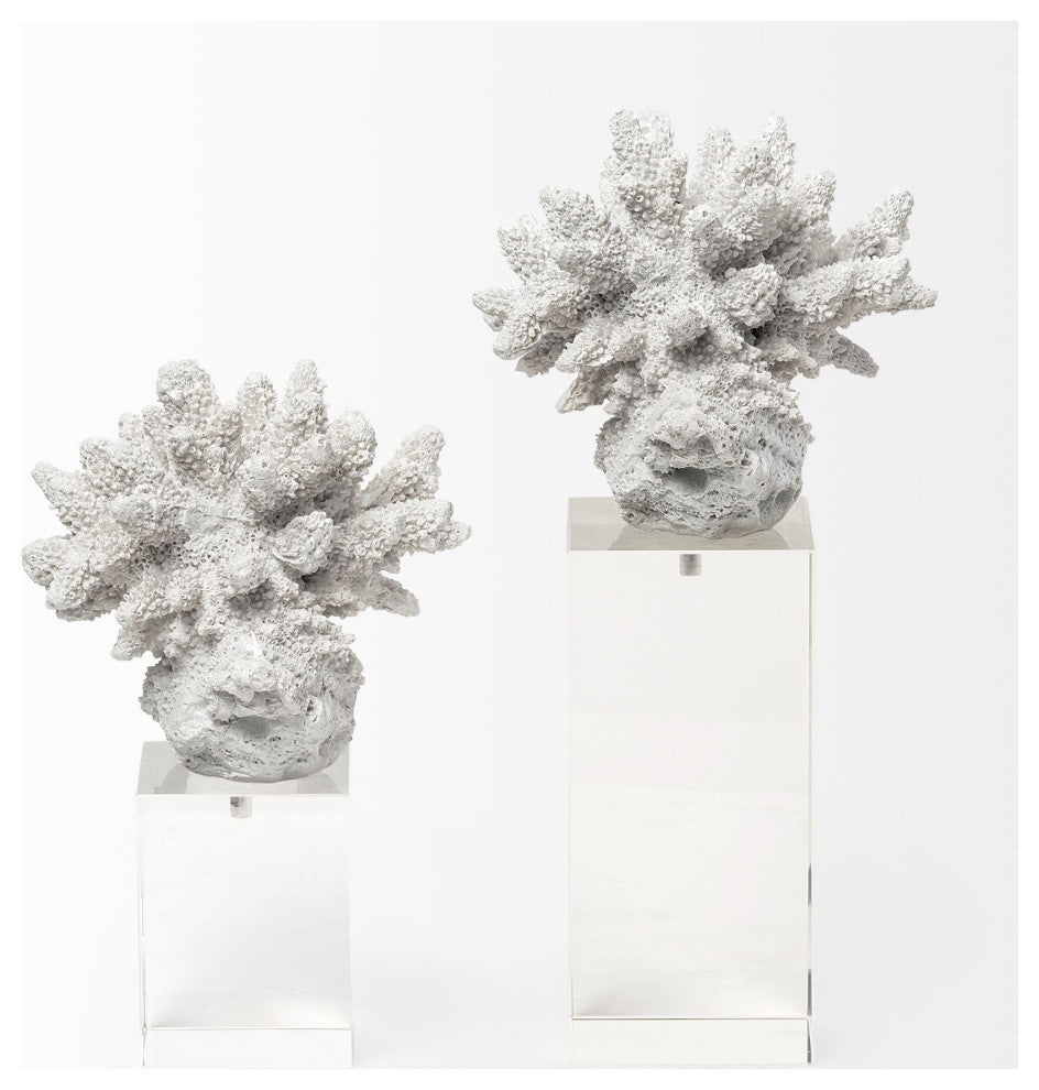 Isla, Large, 5Lx5W White Replica Resin Coral On Clear White Glass